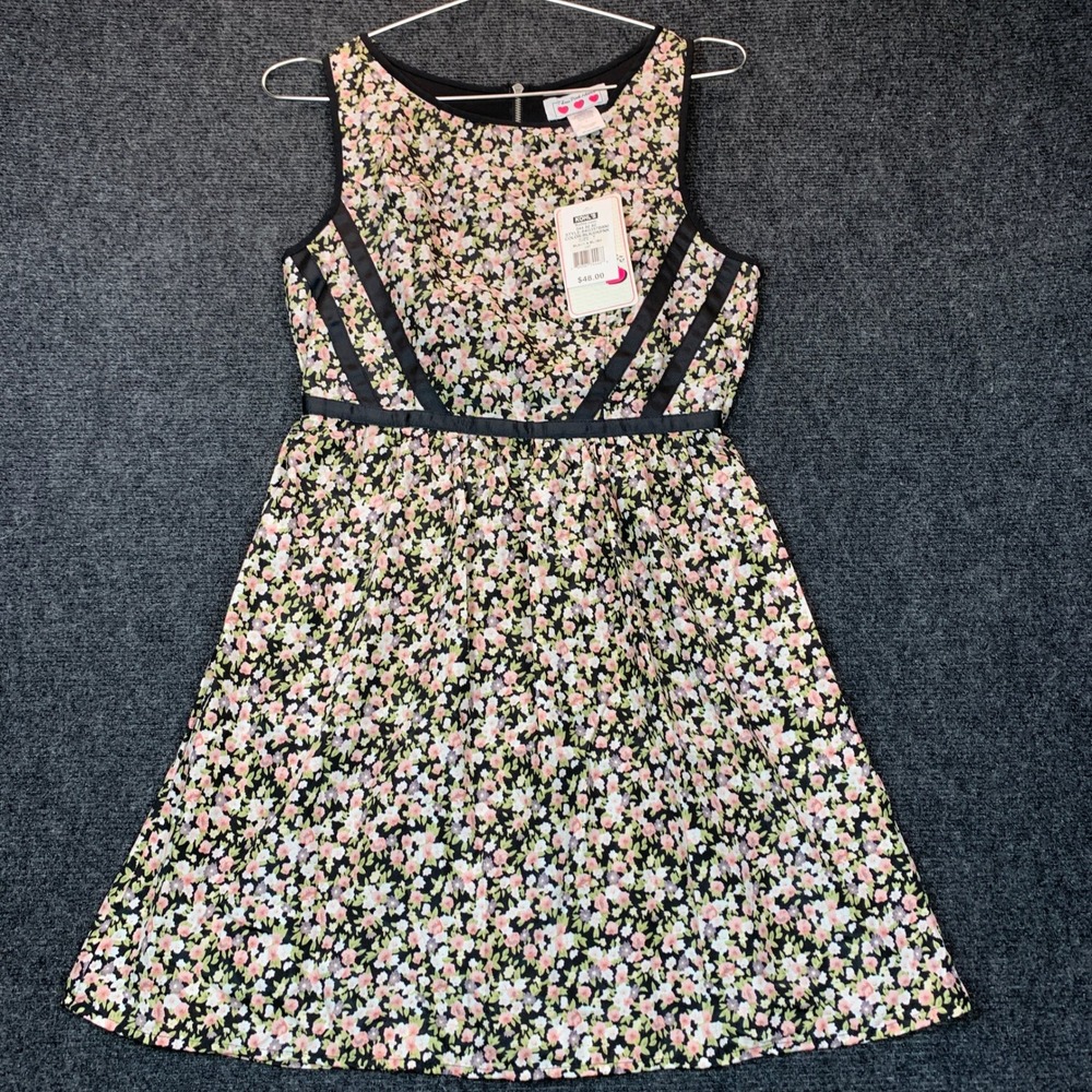 Floral Skater Dress Junior 7 Black Blush Pink Cottagecore Fairy Grunge Boho NWT